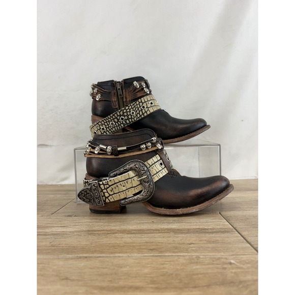 Old Gringo Women Brown Distressed Leather Studded Buckle Ankle Boots 4615 - Picture 2 of 10